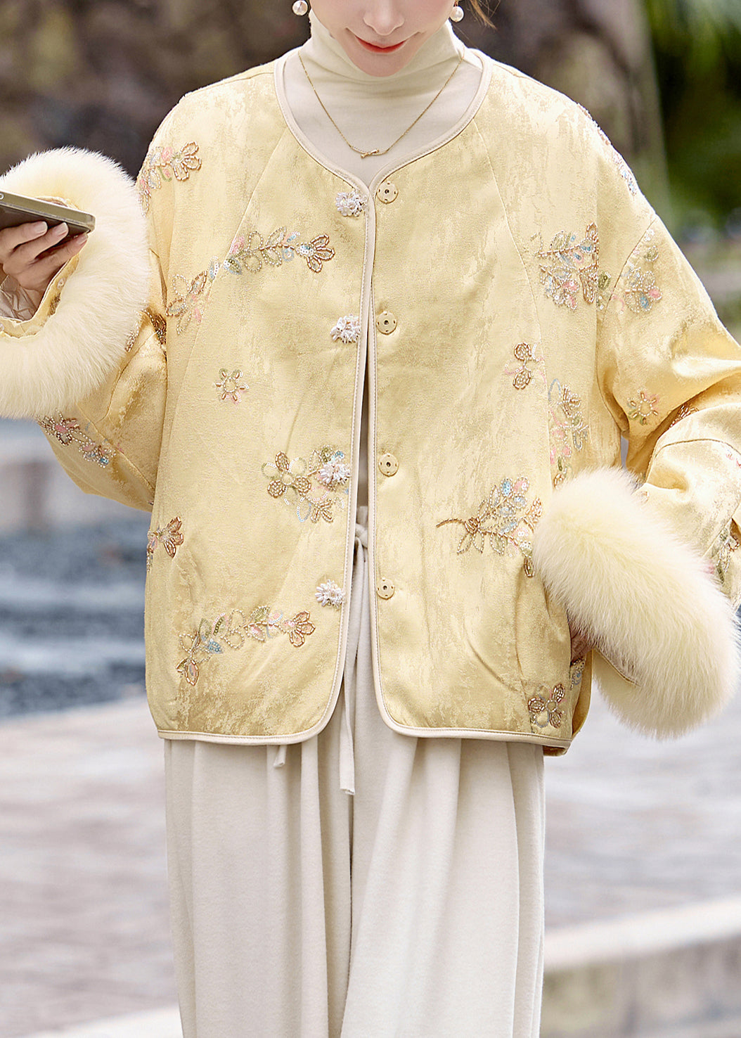 Casual Yellow Embroidered Patchwork Fox Fur Duck Down Coats Winter