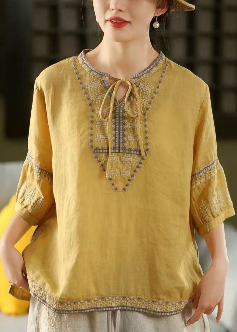 Casual Yellow Embroidered Tie Neck Linen Blouses Half Sleeve