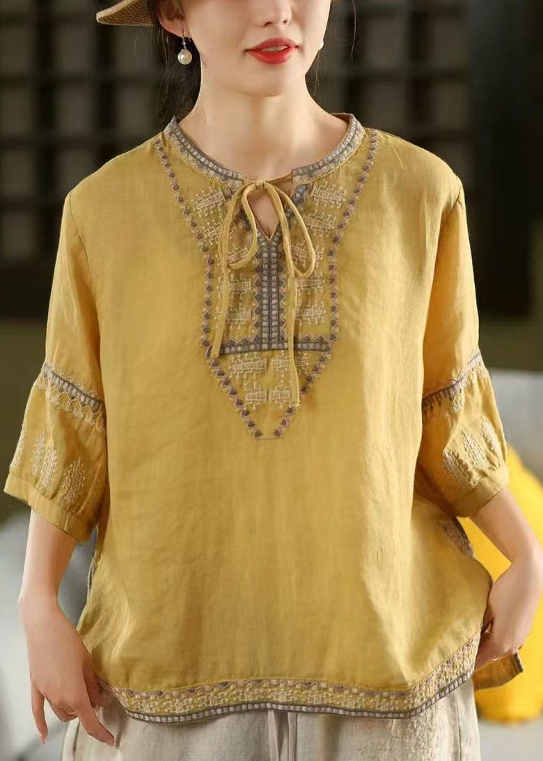 Casual Yellow Embroidered Tie Neck Linen Blouses Half Sleeve