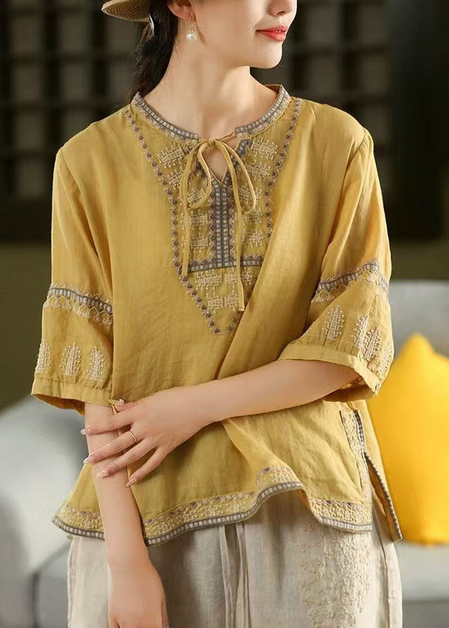 Casual Yellow Embroidered Tie Neck Linen Blouses Half Sleeve