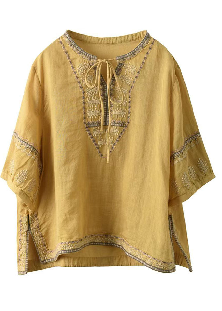 Casual Yellow Embroidered Tie Neck Linen Blouses Half Sleeve