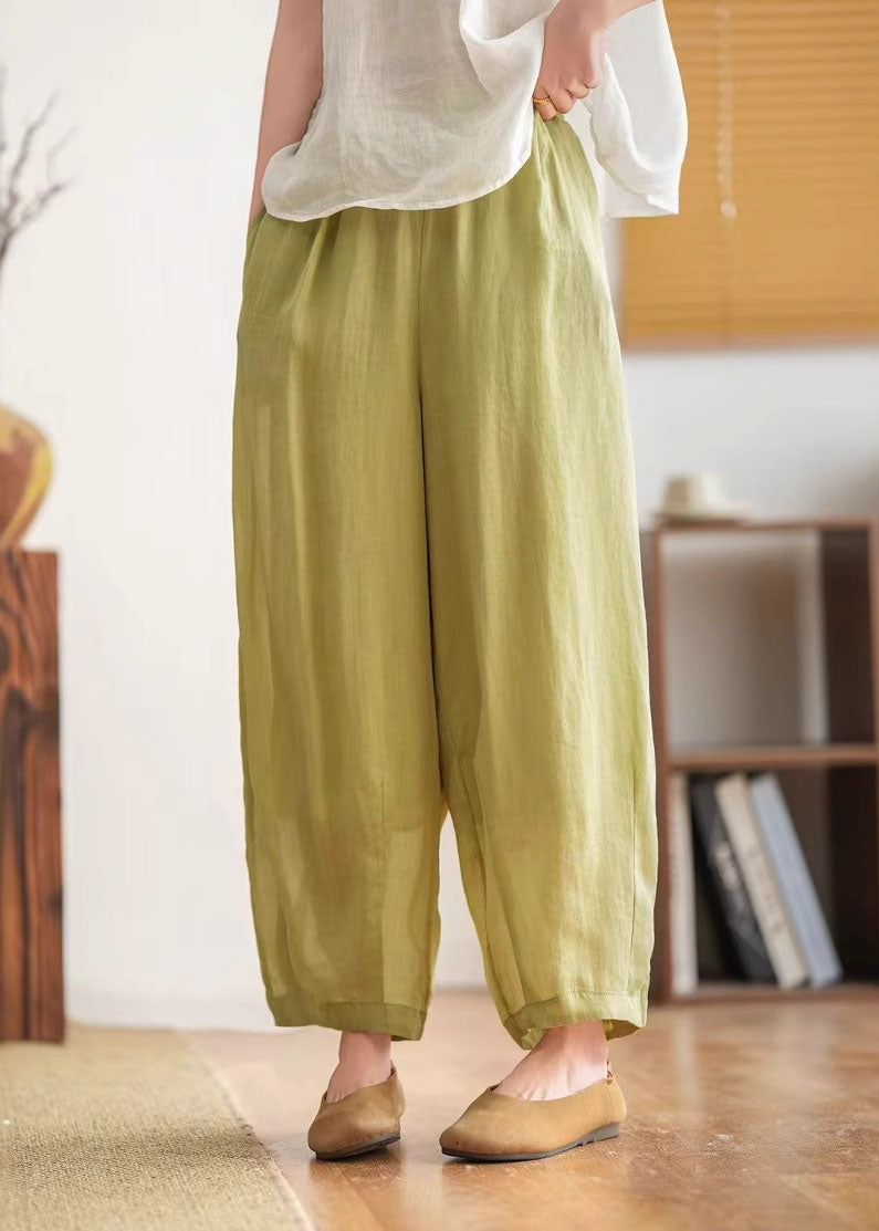 Casual Yellow Green Pockets Elastic Waist Linen Crop Pants Summer