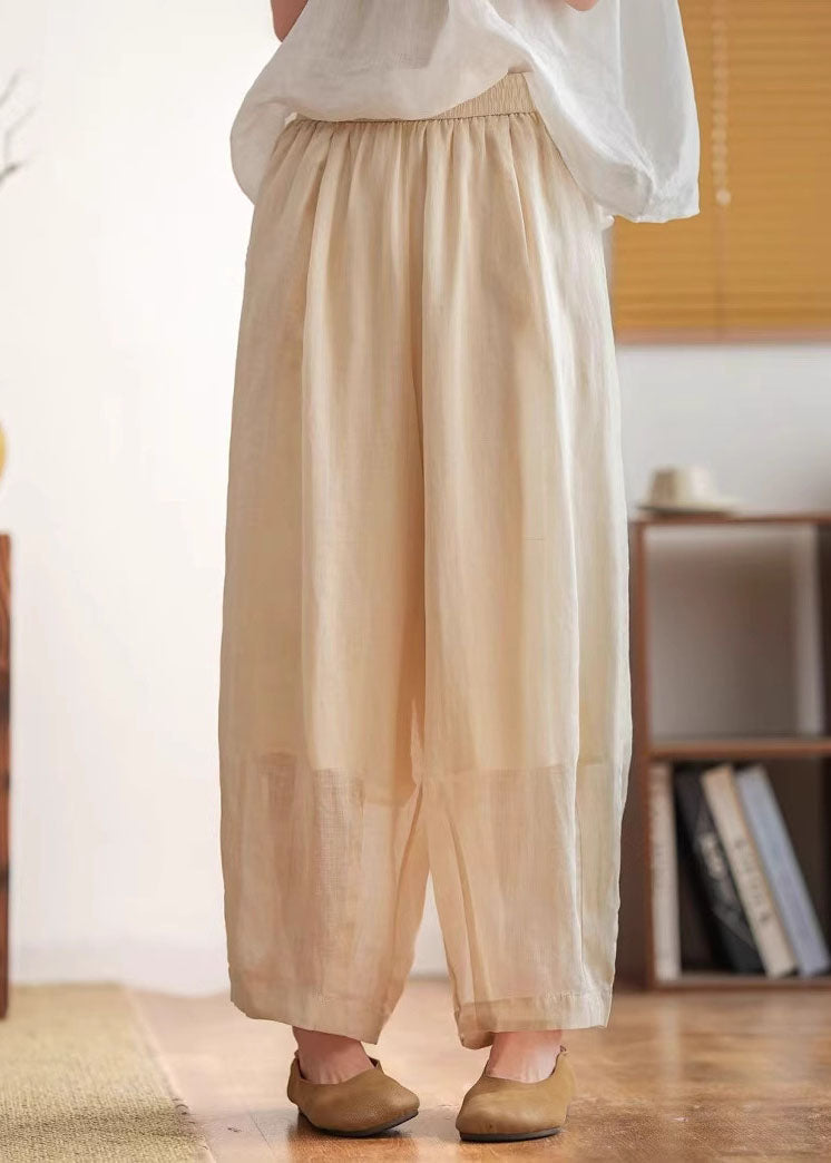 Casual Yellow Green Pockets Elastic Waist Linen Crop Pants Summer