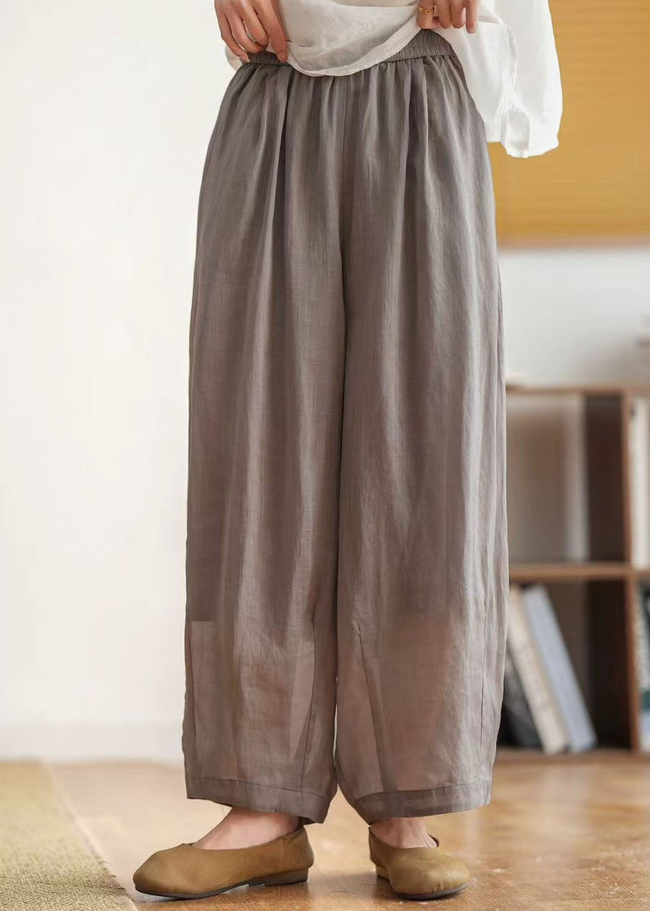 Casual Yellow Green Pockets Elastic Waist Linen Crop Pants Summer