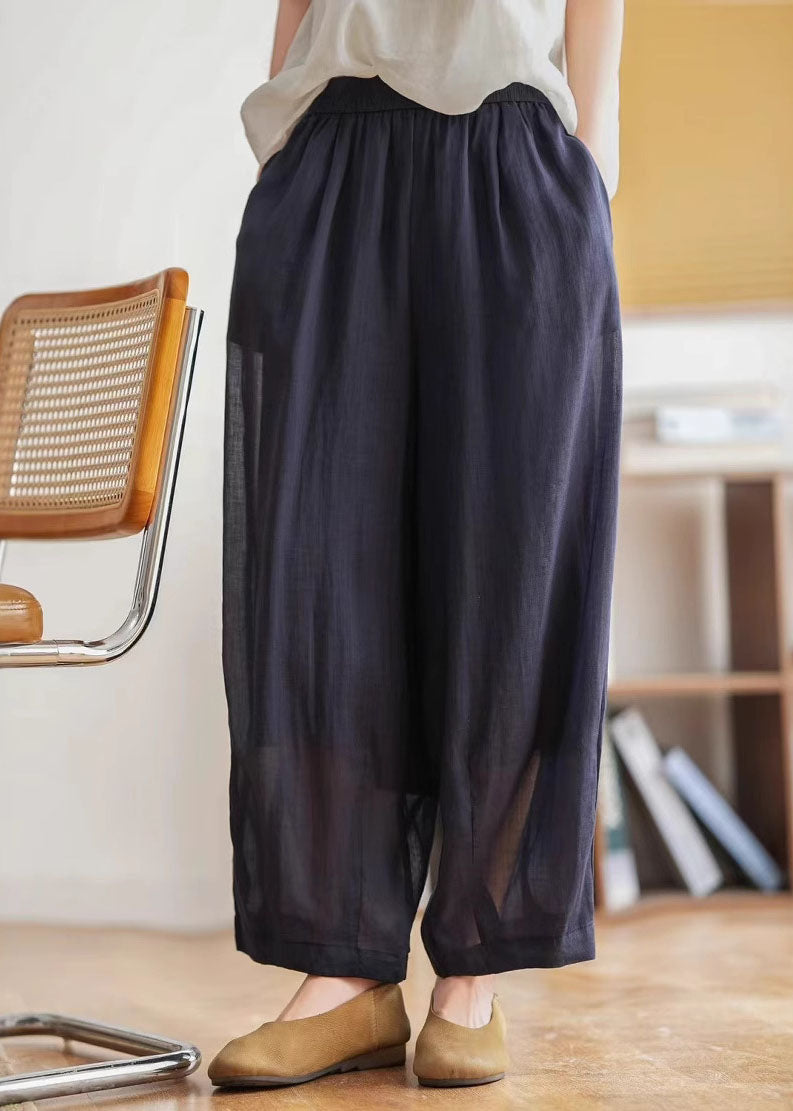 Casual Yellow Green Pockets Elastic Waist Linen Crop Pants Summer