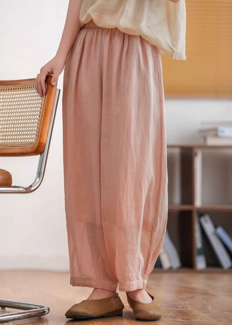 Casual Yellow Green Pockets Elastic Waist Linen Crop Pants Summer