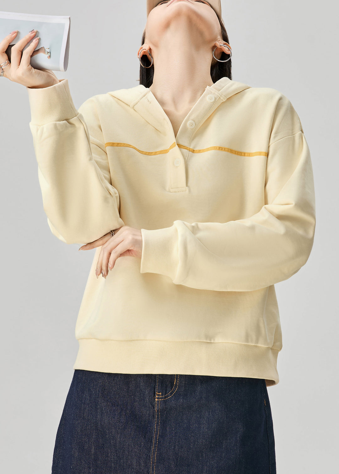 Casual Yellow Hooded Button Cotton Sweatshirt Fall