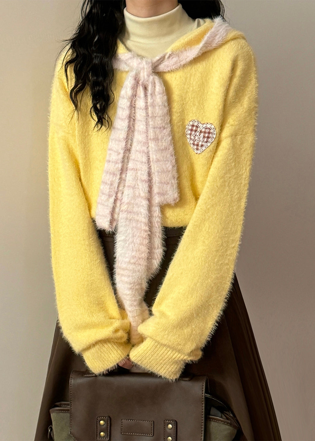 Casual Yellow Hooded Lace Up Patchwork Knit Sweater Spring