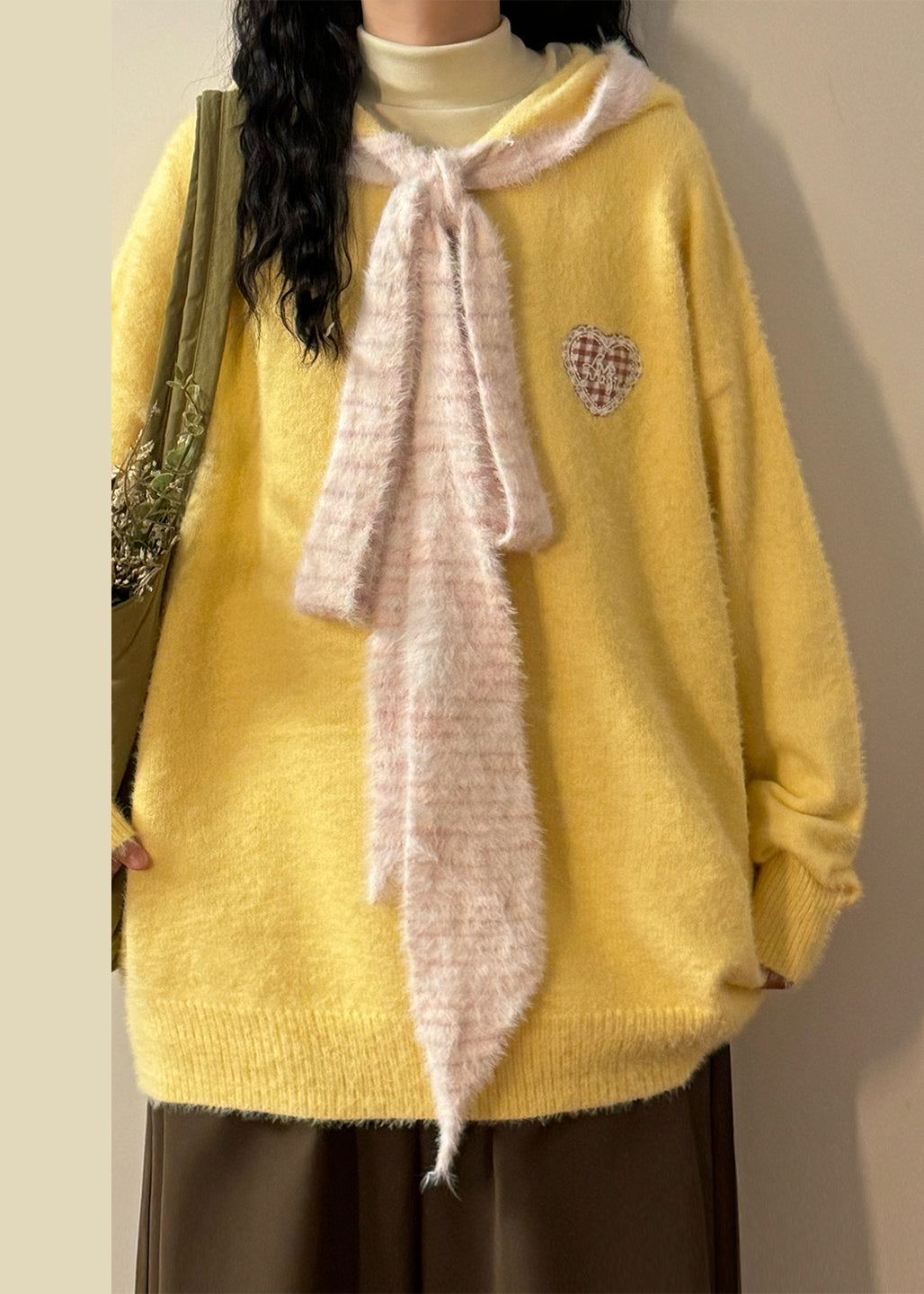Casual Yellow Hooded Lace Up Patchwork Knit Sweater Spring