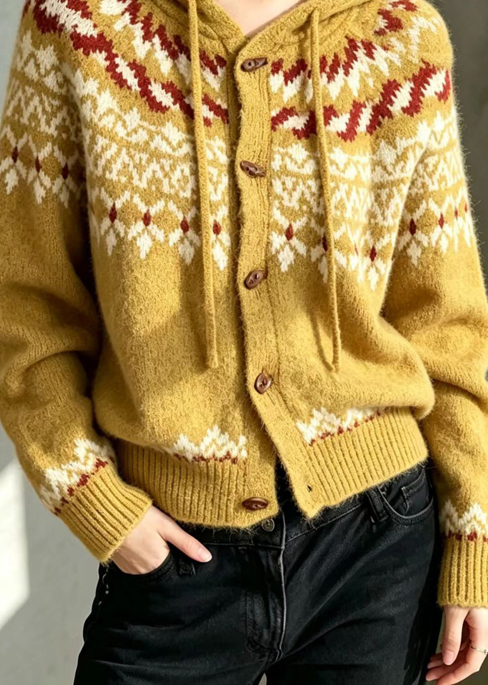 Casual Yellow Jacquard Hooded Drawstring Knit Cardigans Fall