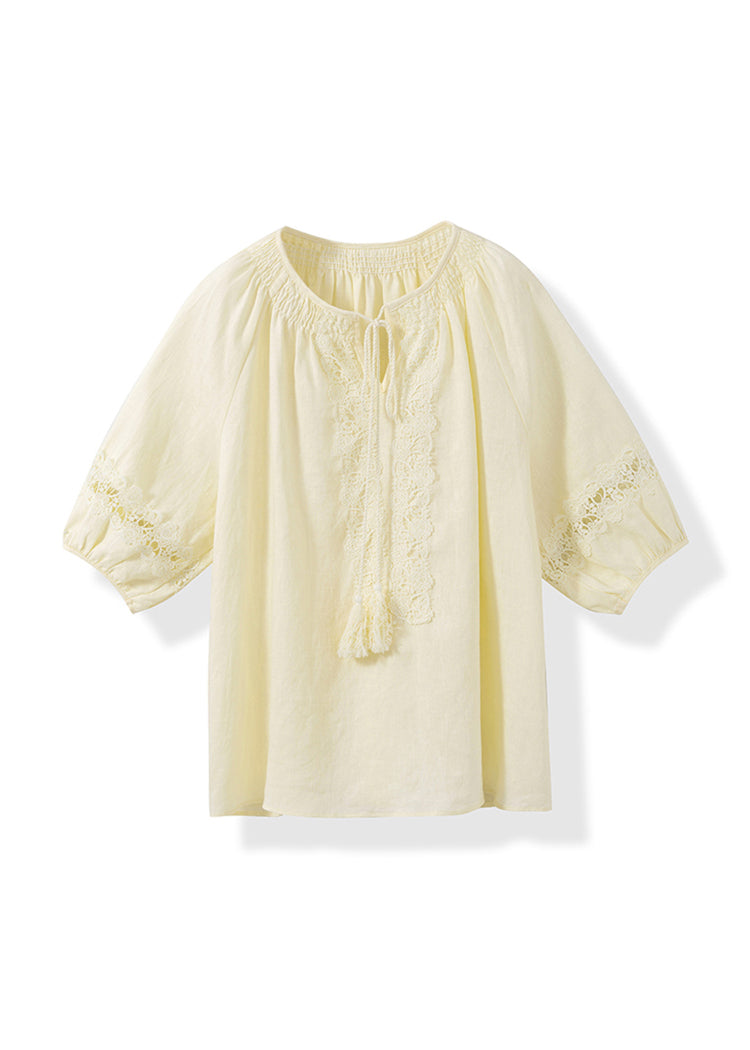Casual Yellow O Neck Patchwork Cotton Shirt Top Summer