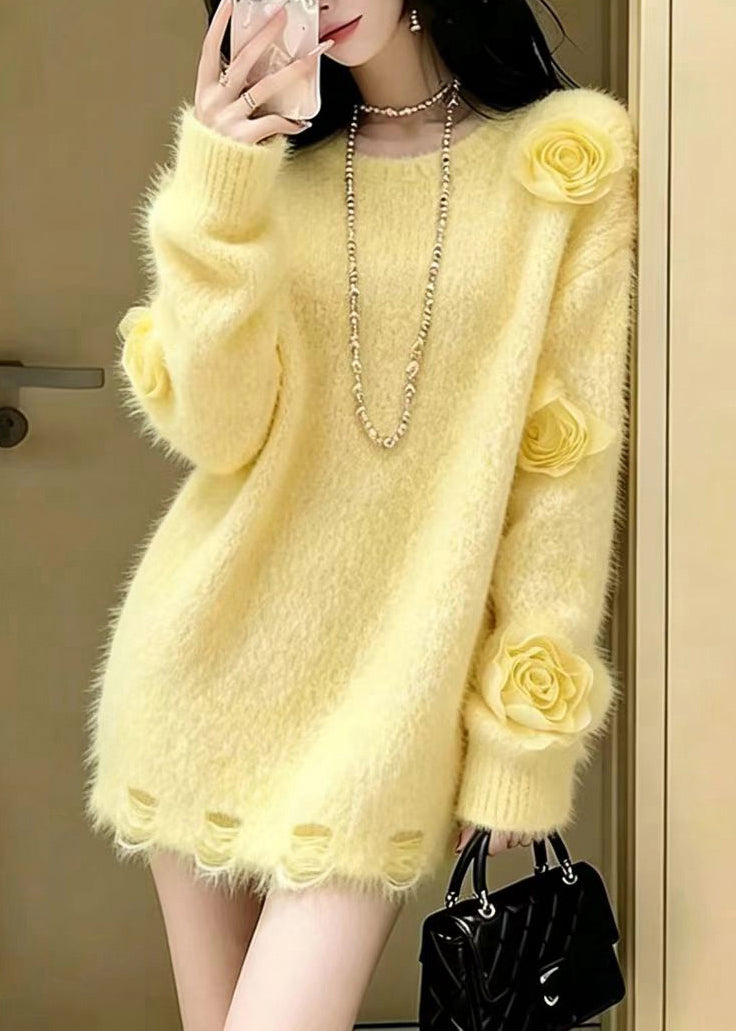 Casual Yellow O-Neck Stereoscopi Floral Knit Sweater Tops Winter
