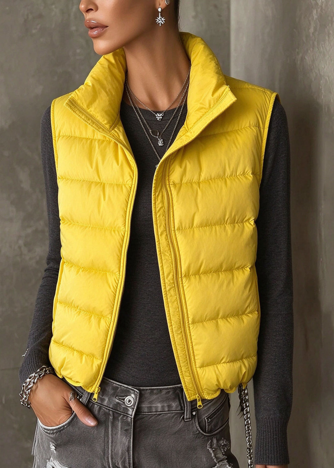 Casual Yellow Patchwork Cotton Filled Solid Waistcoat Stand Collar Sleeveless