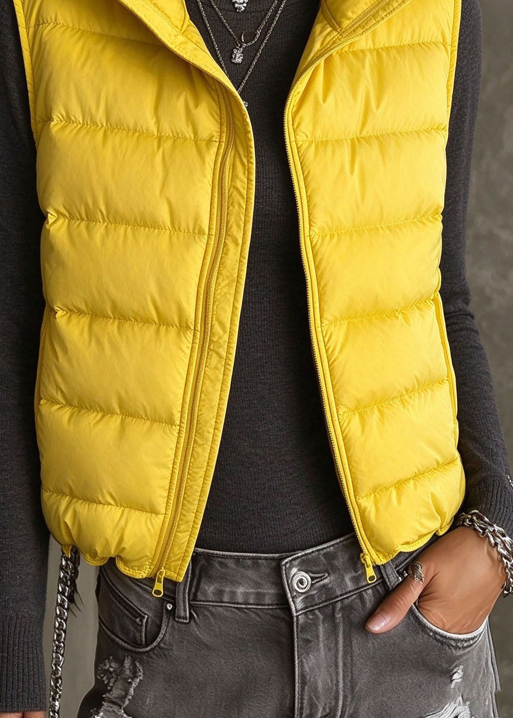 Casual Yellow Patchwork Cotton Filled Solid Waistcoat Stand Collar Sleeveless