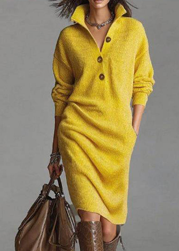 Casual Yellow Peter Pan Collar Pockets Cotton Knit Sweater Dress Spring