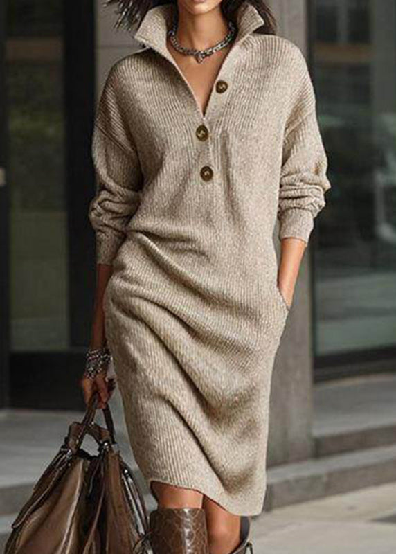 Casual Yellow Peter Pan Collar Pockets Cotton Knit Sweater Dress Spring