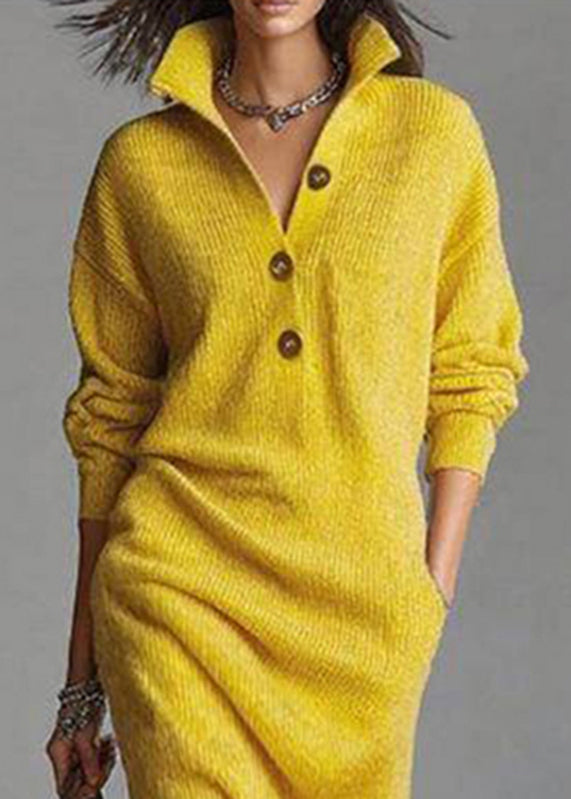 Casual Yellow Peter Pan Collar Pockets Cotton Knit Sweater Dress Spring