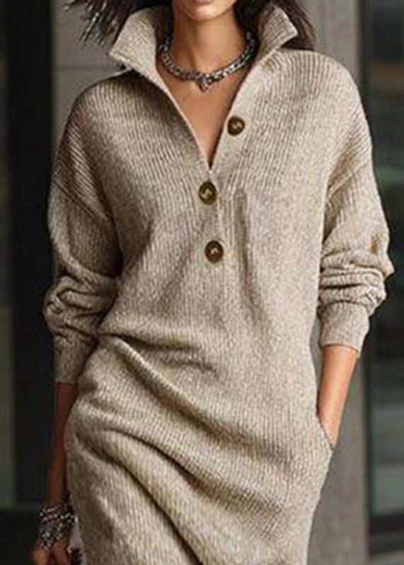Casual Yellow Peter Pan Collar Pockets Cotton Knit Sweater Dress Spring