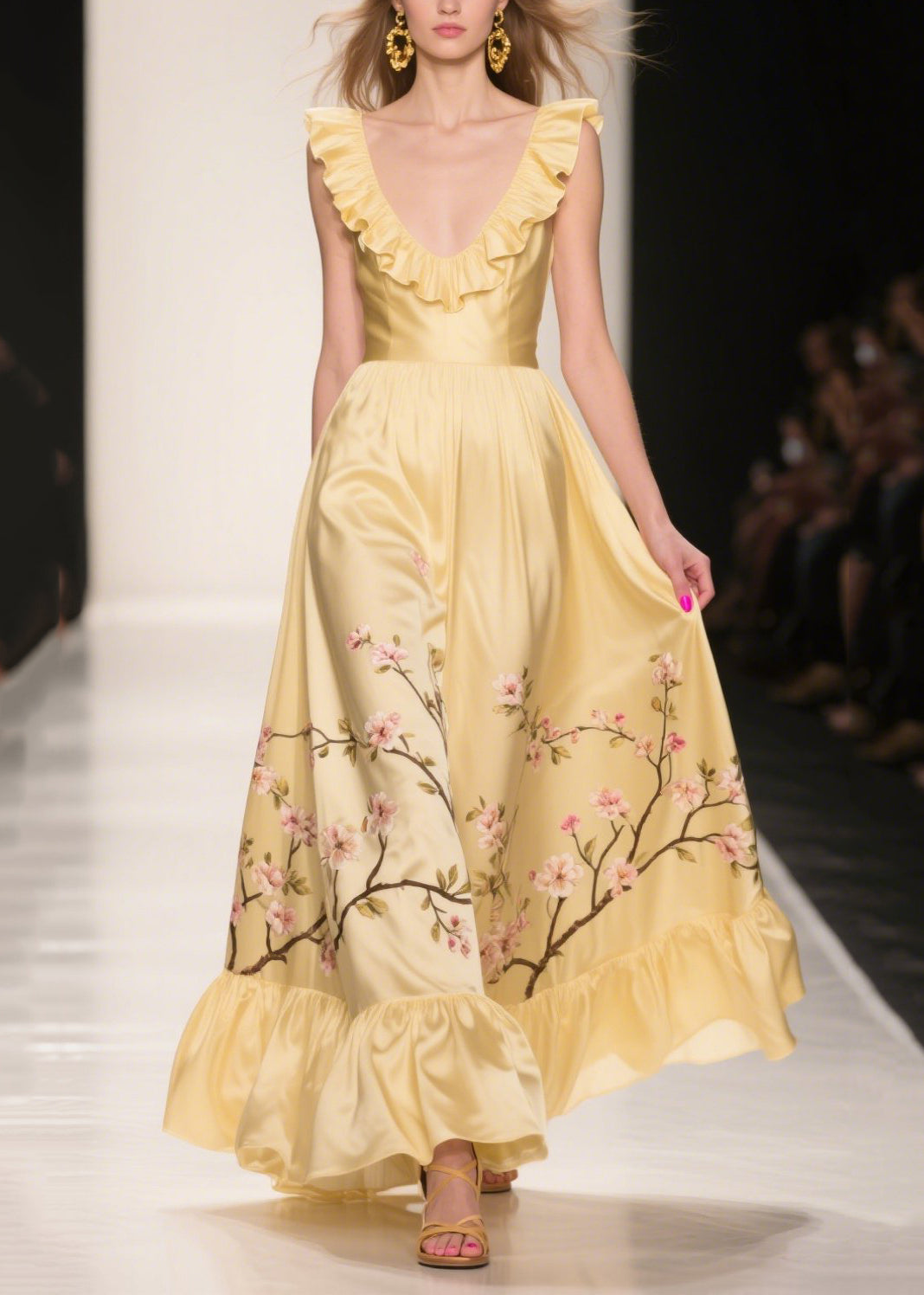 Casual Yellow Ruffles Print Silk Vestidos Dress Summer