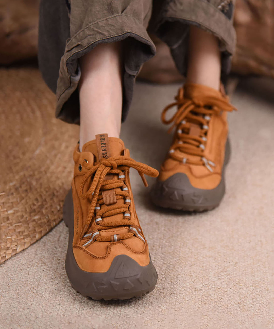 Casual Yellow Splicing Cowhide Leather Platform Sport Shoes Lace Up