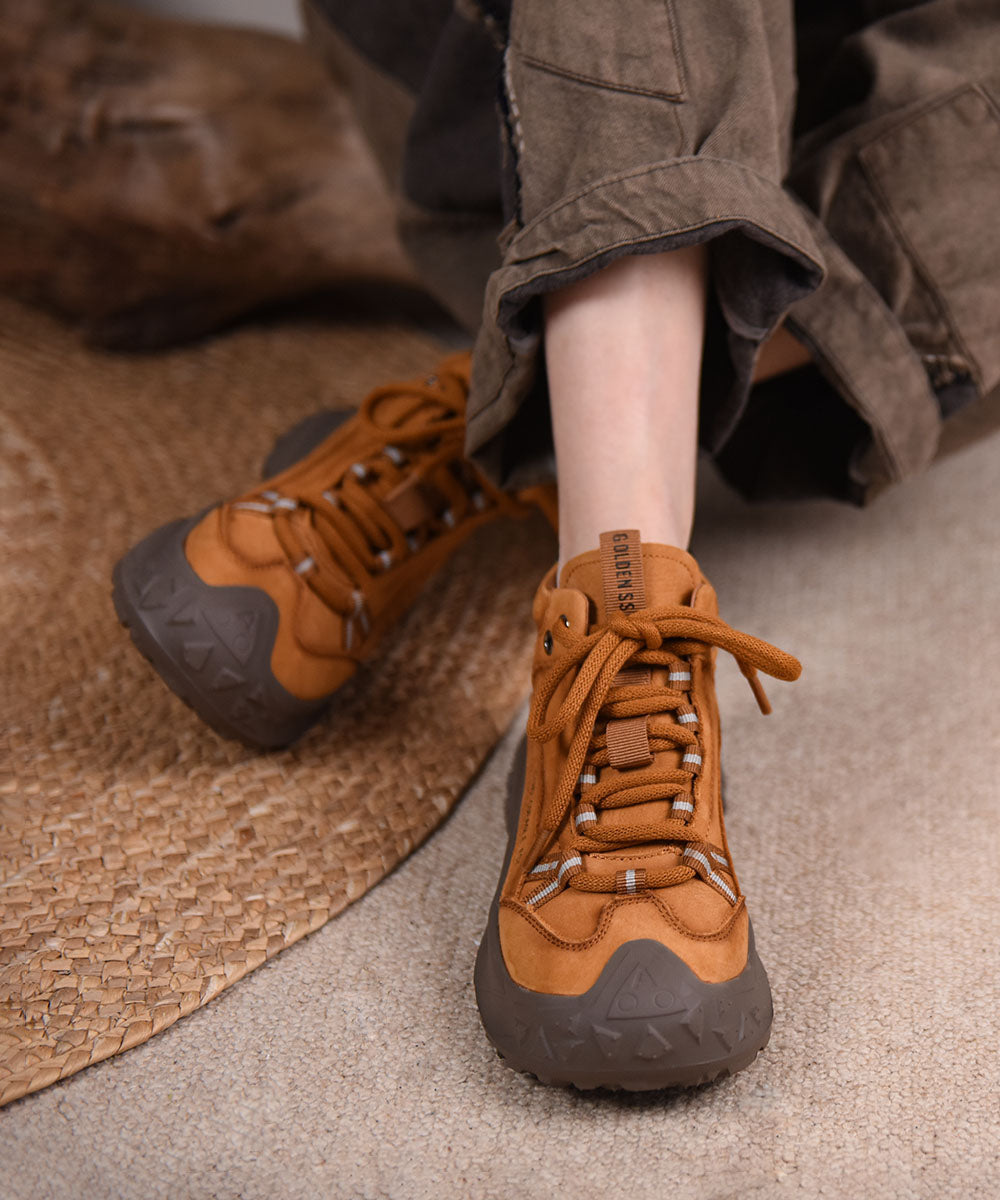 Casual Yellow Splicing Cowhide Leather Platform Sport Shoes Lace Up
