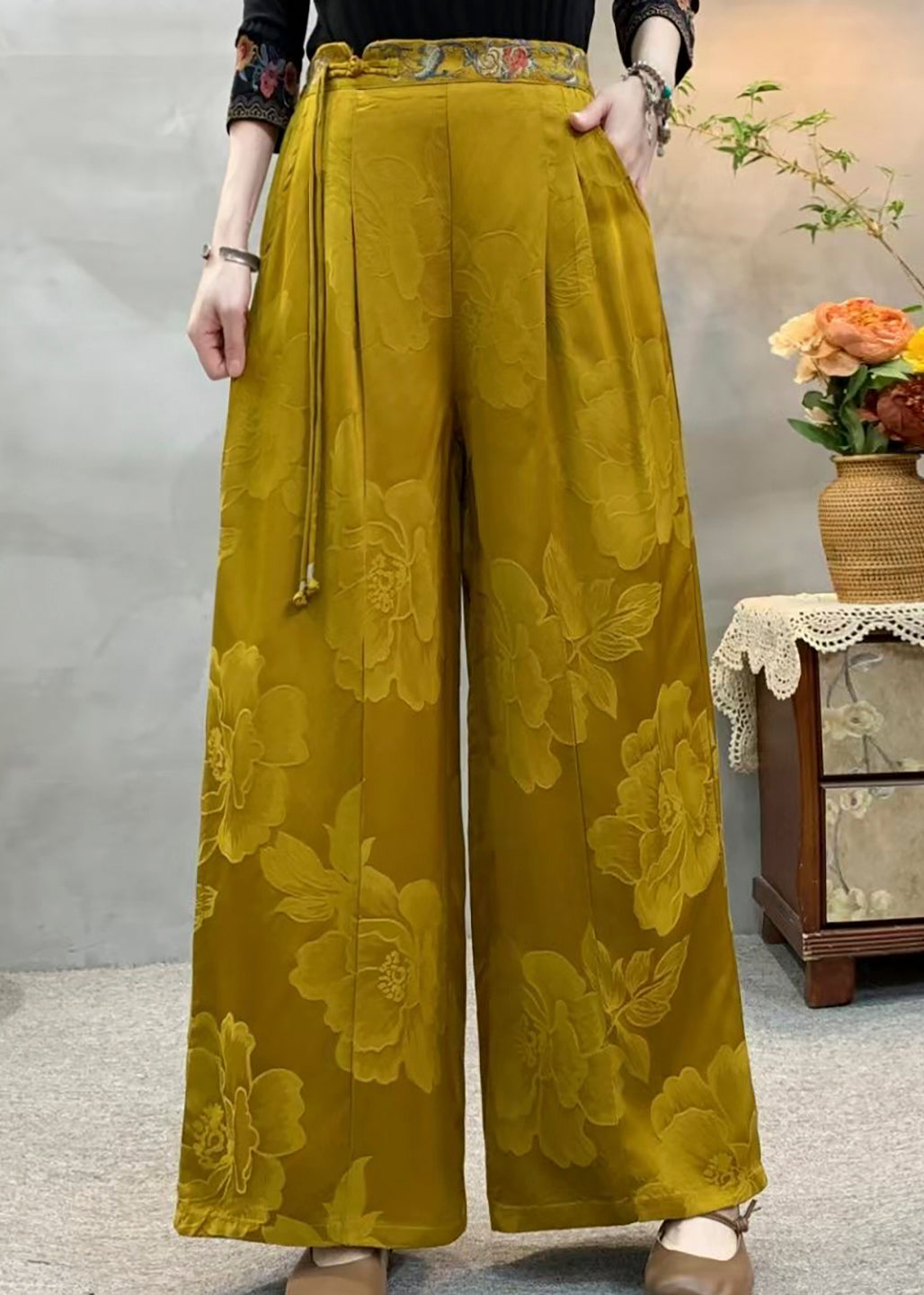 Casual Yellow Tassel Embroidered Pockets Silk Pants Fall