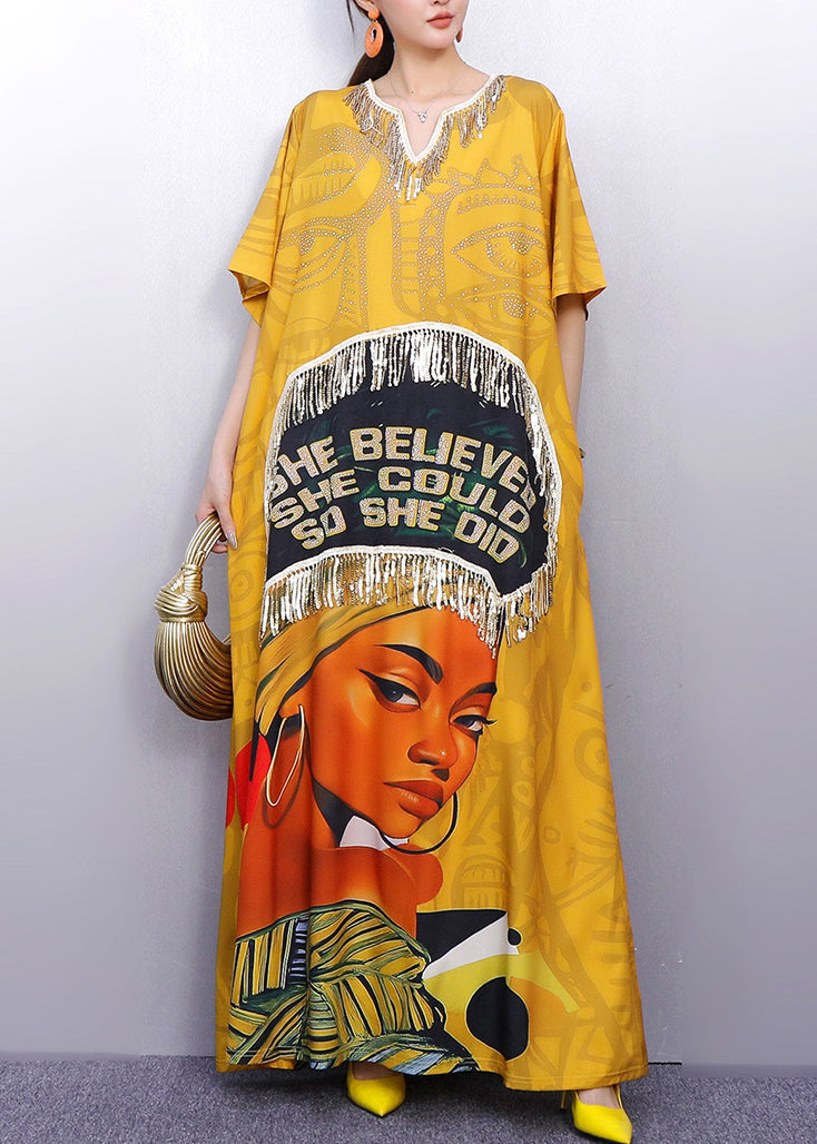 Casual Yellow Tasseled Print Cotton Maxi Dress Summer