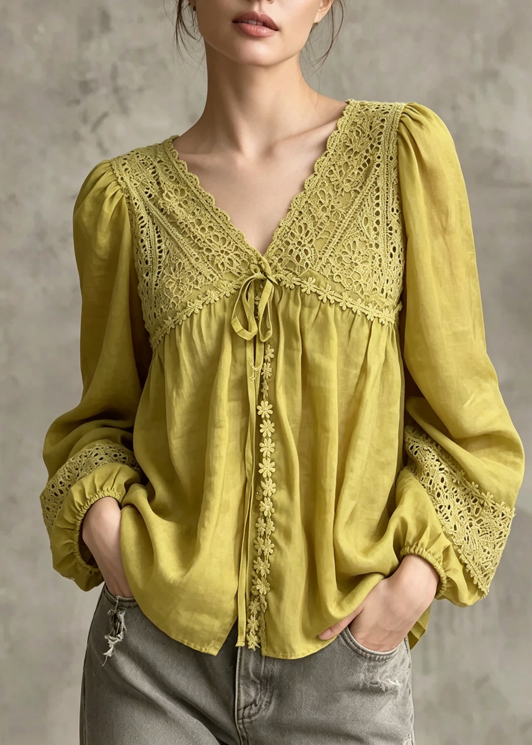 Casual Yellow V Neck Embroidered Patchwork Cotton Blouses Fall