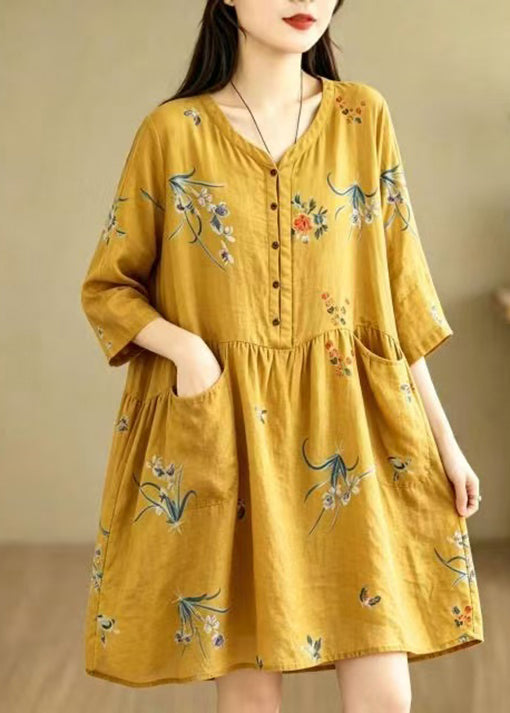 Casual Yellow V Neck Print Pockets Patchwork Cotton Dress Summer
