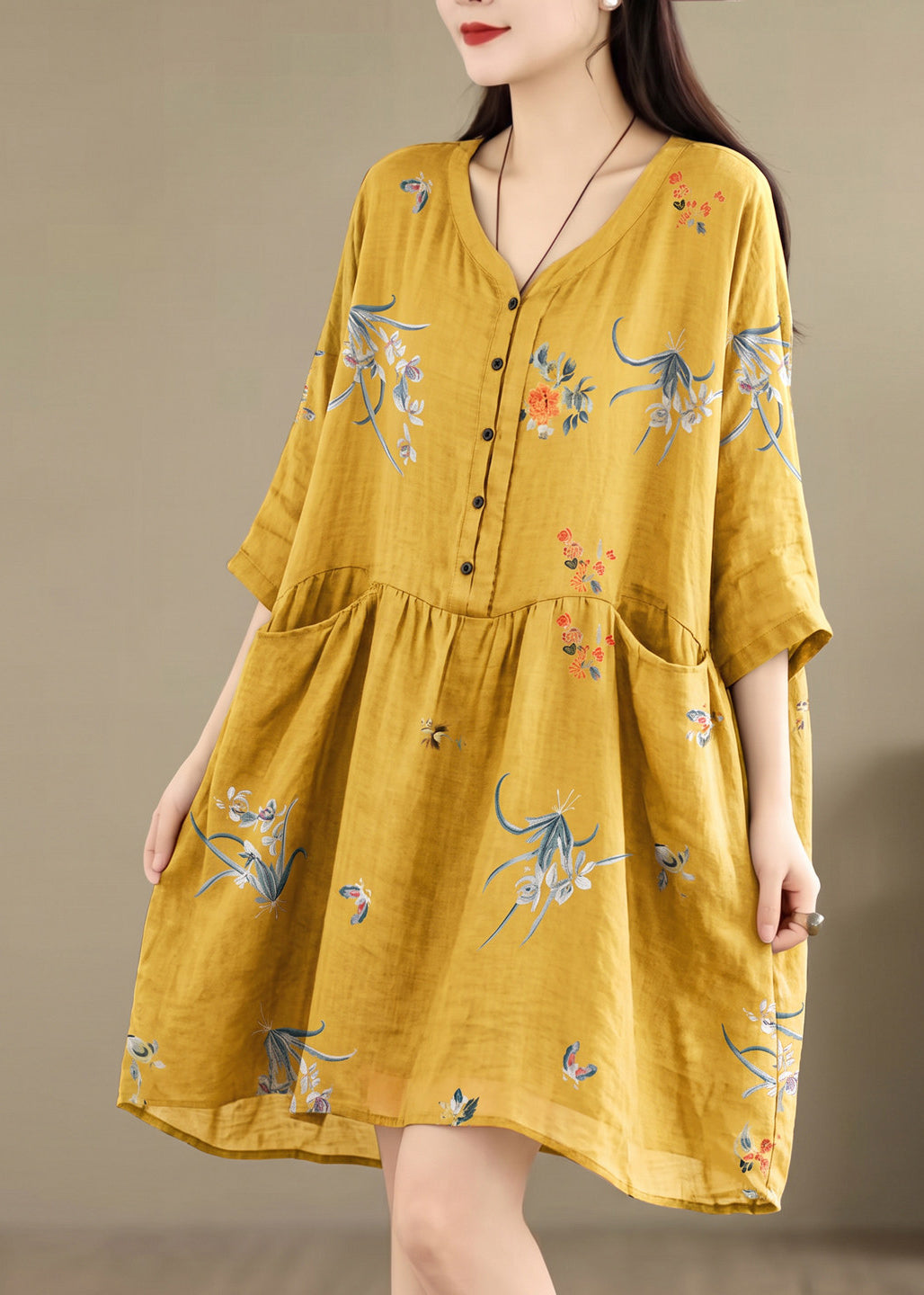 Casual Yellow V Neck Print Pockets Patchwork Cotton Dress Summer
