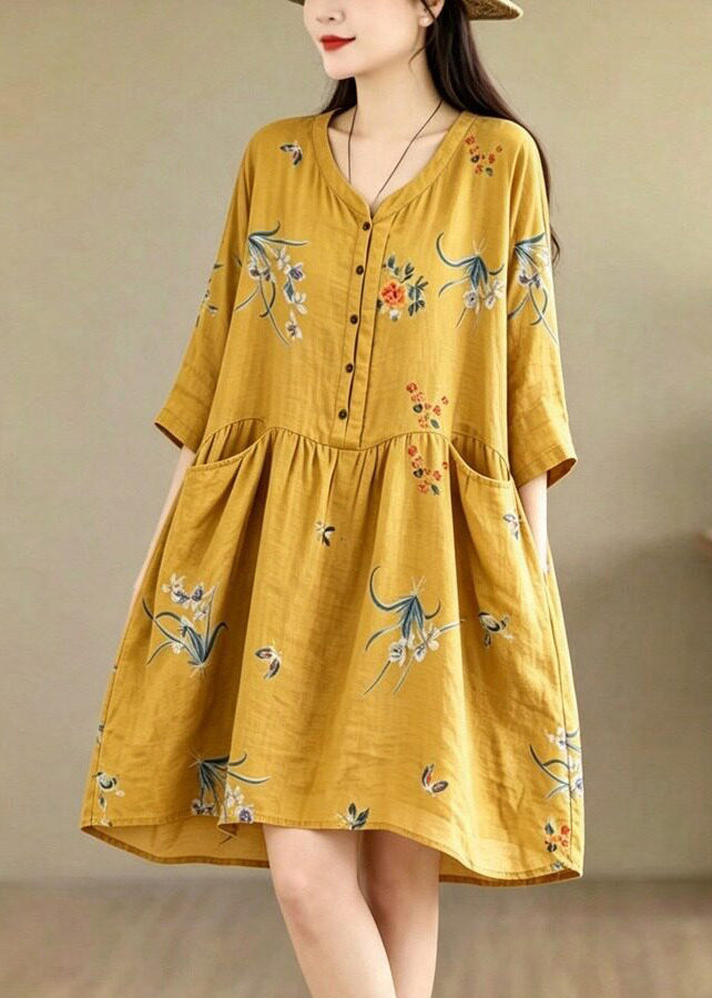 Casual Yellow V Neck Print Pockets Patchwork Cotton Dress Summer