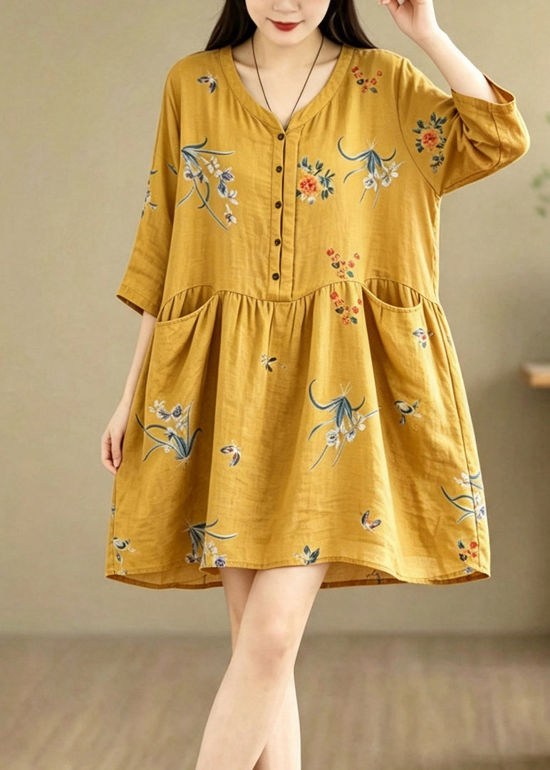 Casual Yellow V Neck Print Pockets Patchwork Cotton Dress Summer