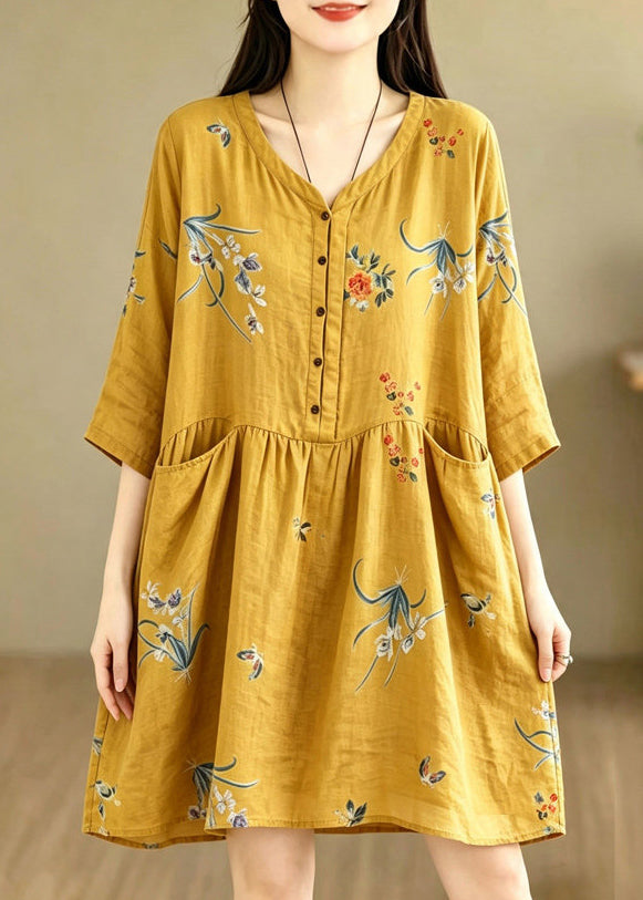 Casual Yellow V Neck Print Pockets Patchwork Cotton Dress Summer