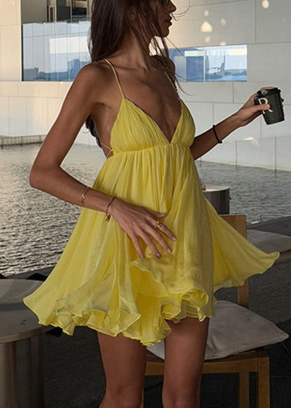 Casual Yellow V Neck Wrinkled Mid Dresses Sleeveless