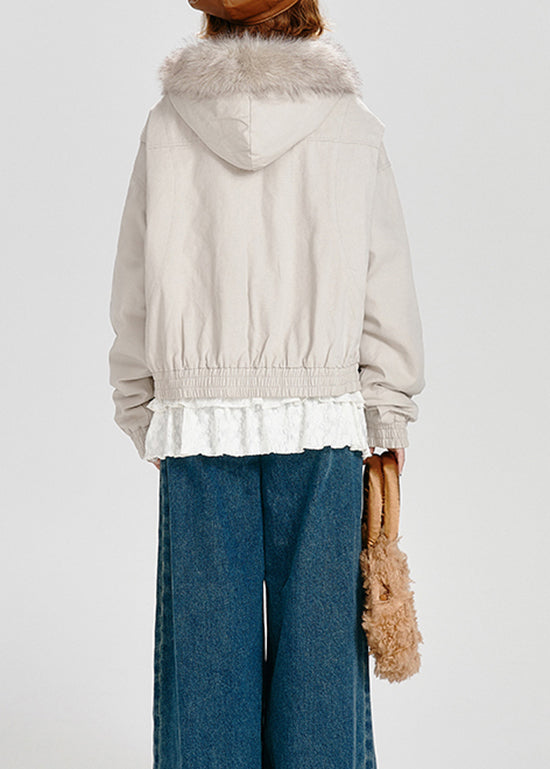 Casual Zip Up Fuzzy Fur Patchwork Fine Cotton Filled Hooded Jacket Winter