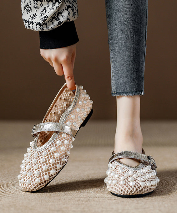 Champagne Breathable Mesh Nail Bead Flats Splicing Cowhide Leather