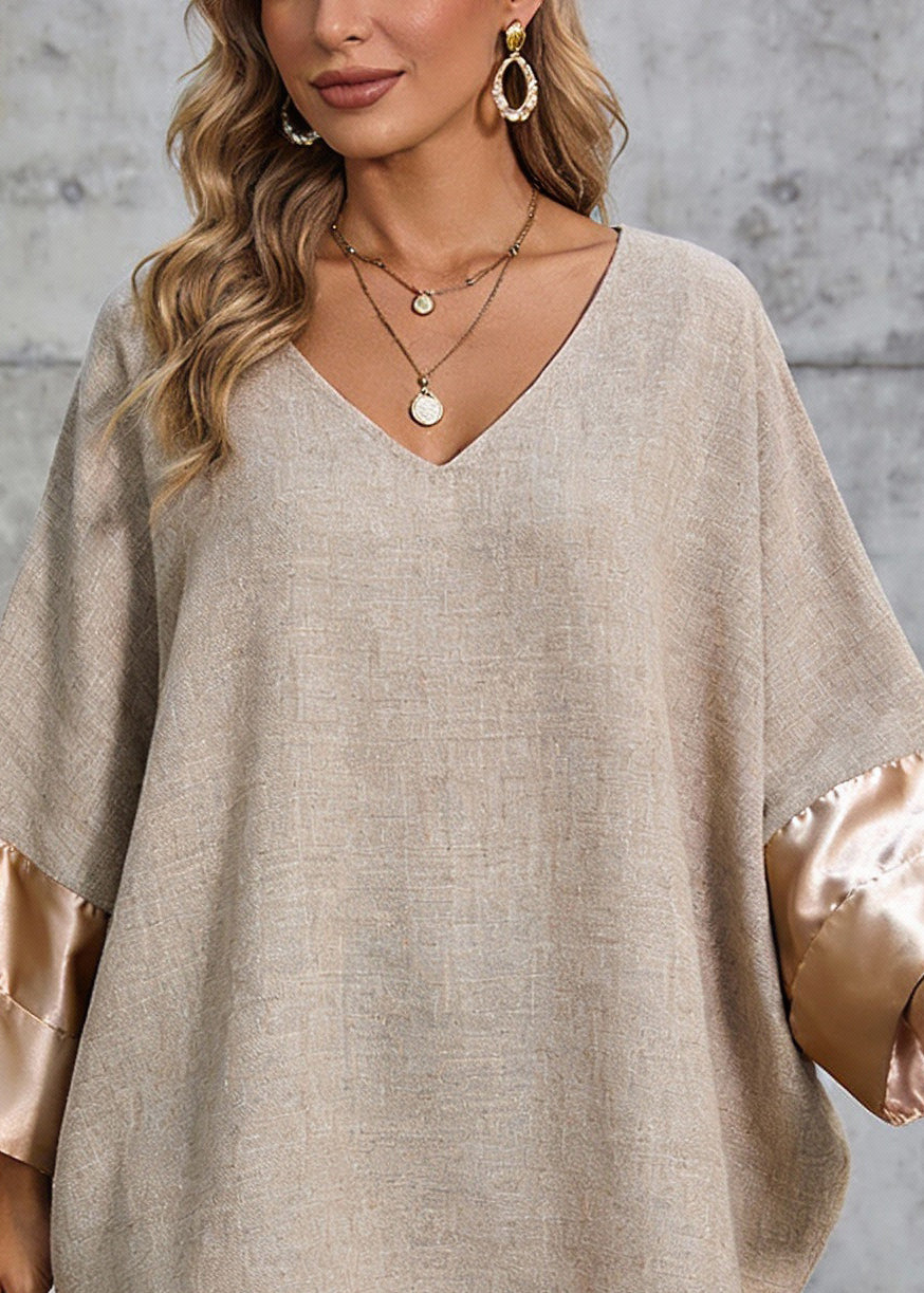 Champagne Color Silk Patchwork Linen Dress V Neck Spring - Omychic