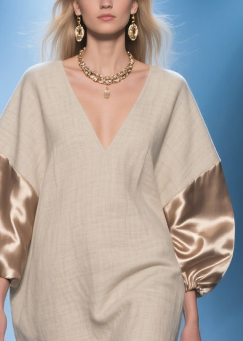 Champagne Color Silk Patchwork Oversized Linen Dress V Neck Spring - Omychic