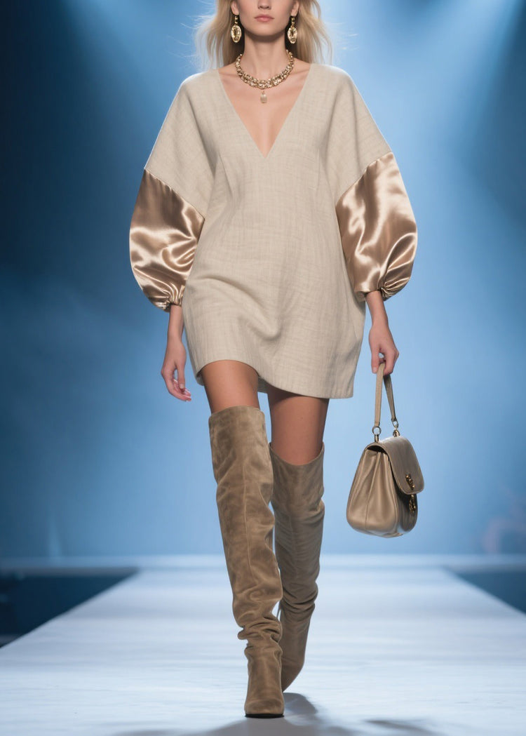 Champagne Color Silk Patchwork Oversized Linen Dress V Neck Spring - Omychic