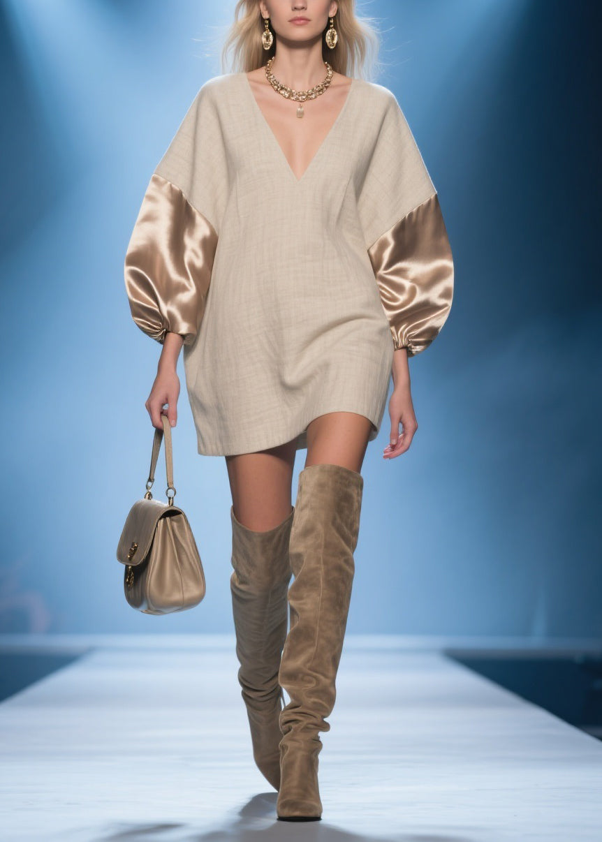 Champagne Color Silk Patchwork Oversized Linen Dress V Neck Spring - Omychic