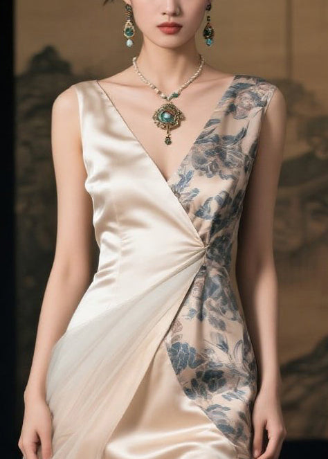 Champagne Patchwork Silk Long Dresses Asymmetrical Summer