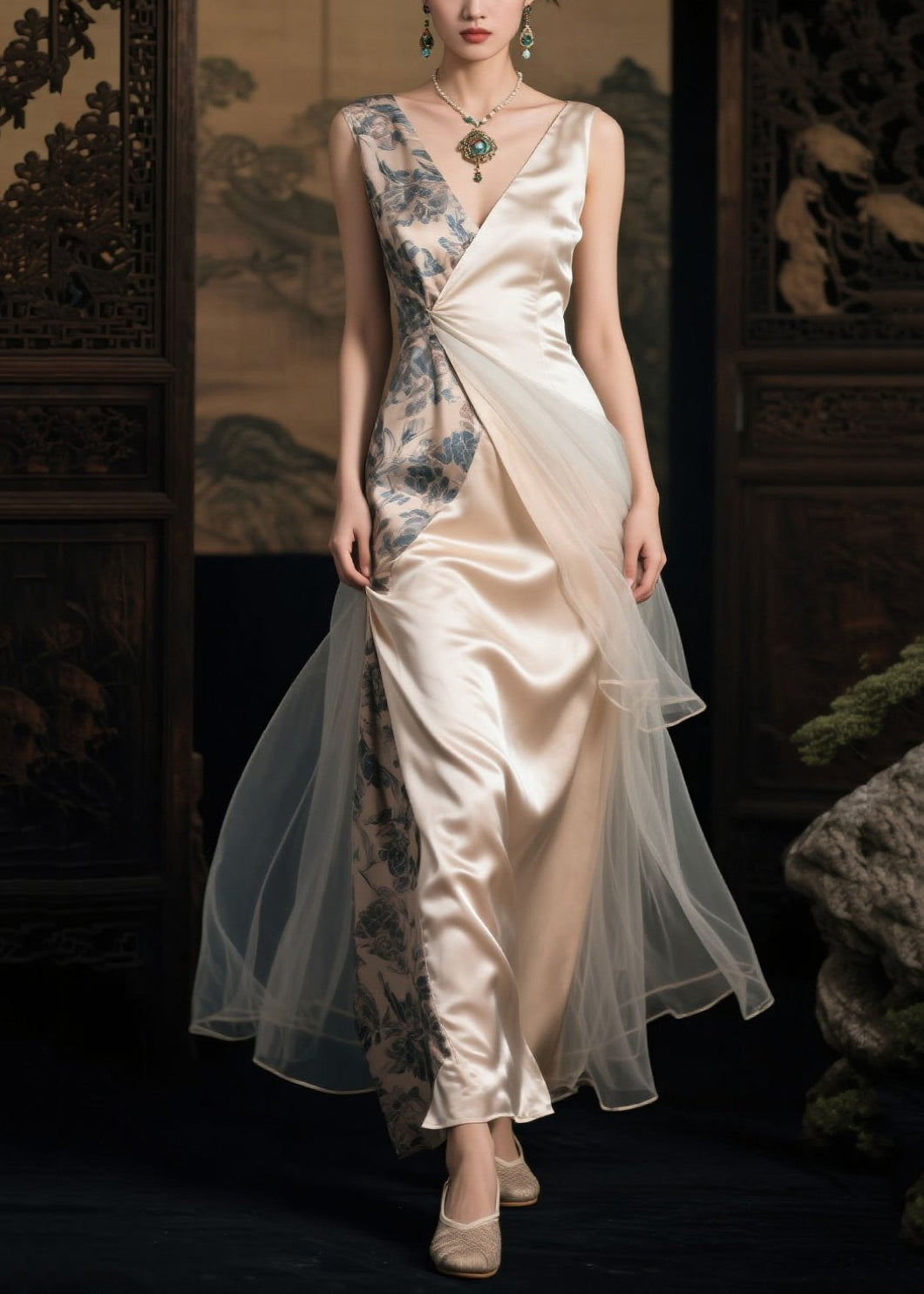 Champagne Patchwork Silk Long Dresses Asymmetrical Summer