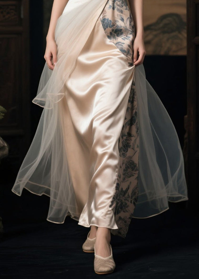 Champagne Patchwork Silk Long Dresses Asymmetrical Summer