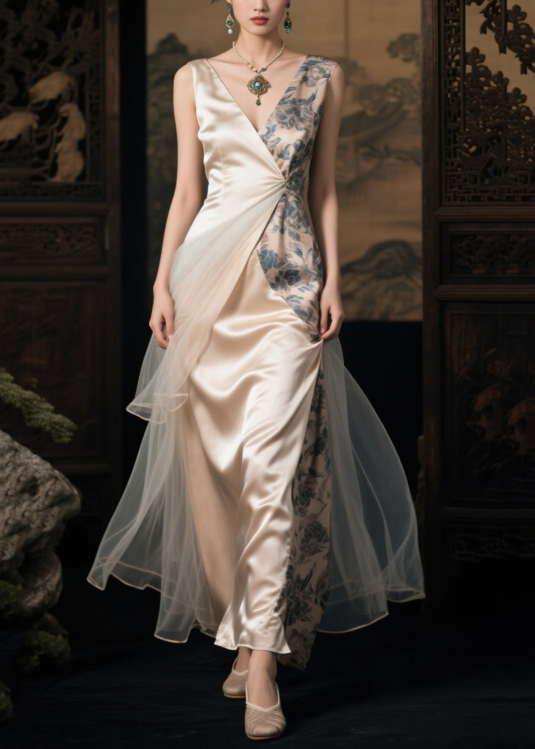 Champagne Patchwork Silk Long Dresses Asymmetrical Summer