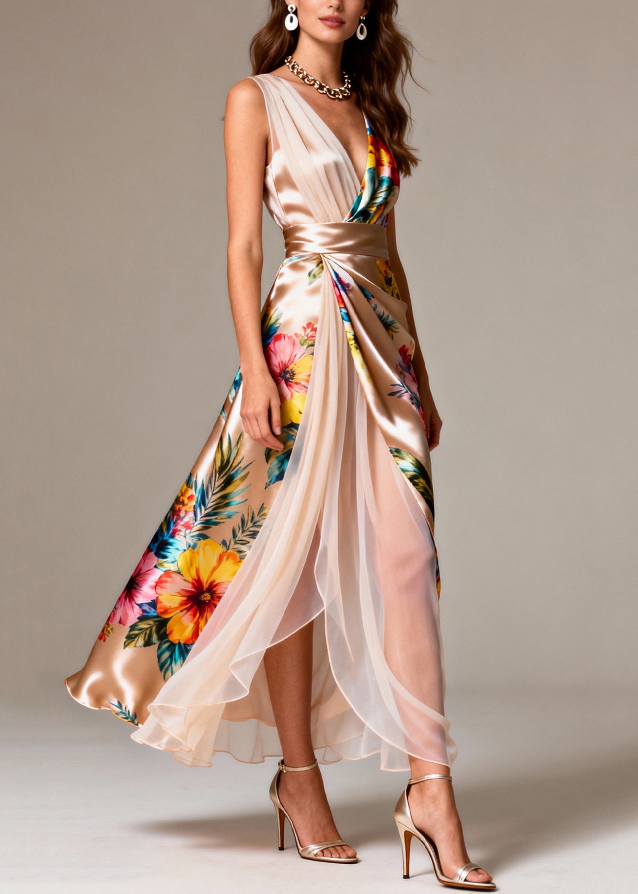 Champagne Patchwork Tulle Silk Holiday Dress Side Open Sleeveless - Omychic