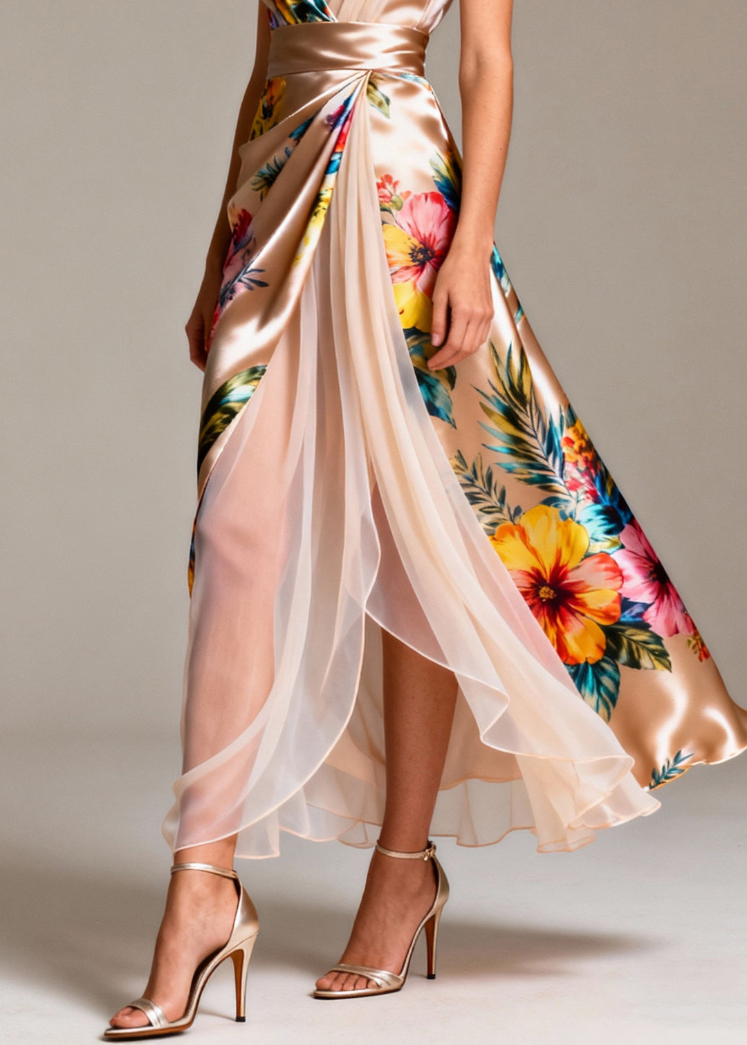 Champagne Patchwork Tulle Silk Holiday Dress Side Open Sleeveless - Omychic