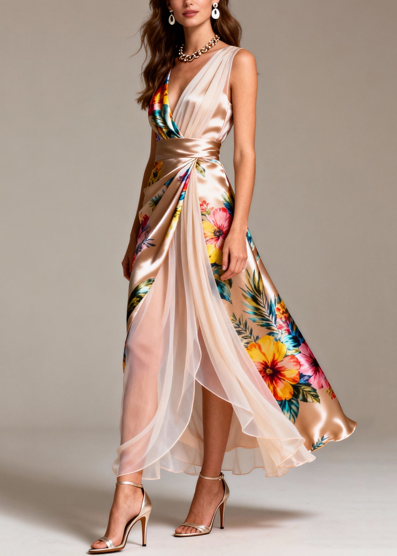 Champagne Patchwork Tulle Silk Holiday Dress Side Open Sleeveless - Omychic