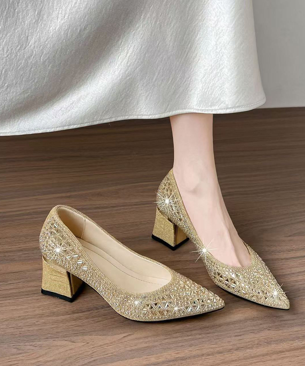 Champagne Sparkly High Heels Chunky Faux Leather Elegant Hollow Out High Heels