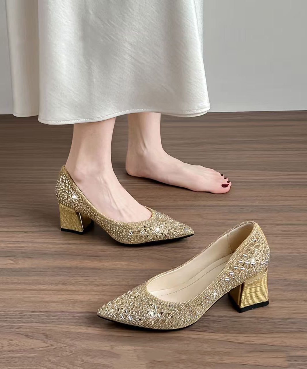Champagne Sparkly High Heels Chunky Faux Leather Elegant Hollow Out High Heels