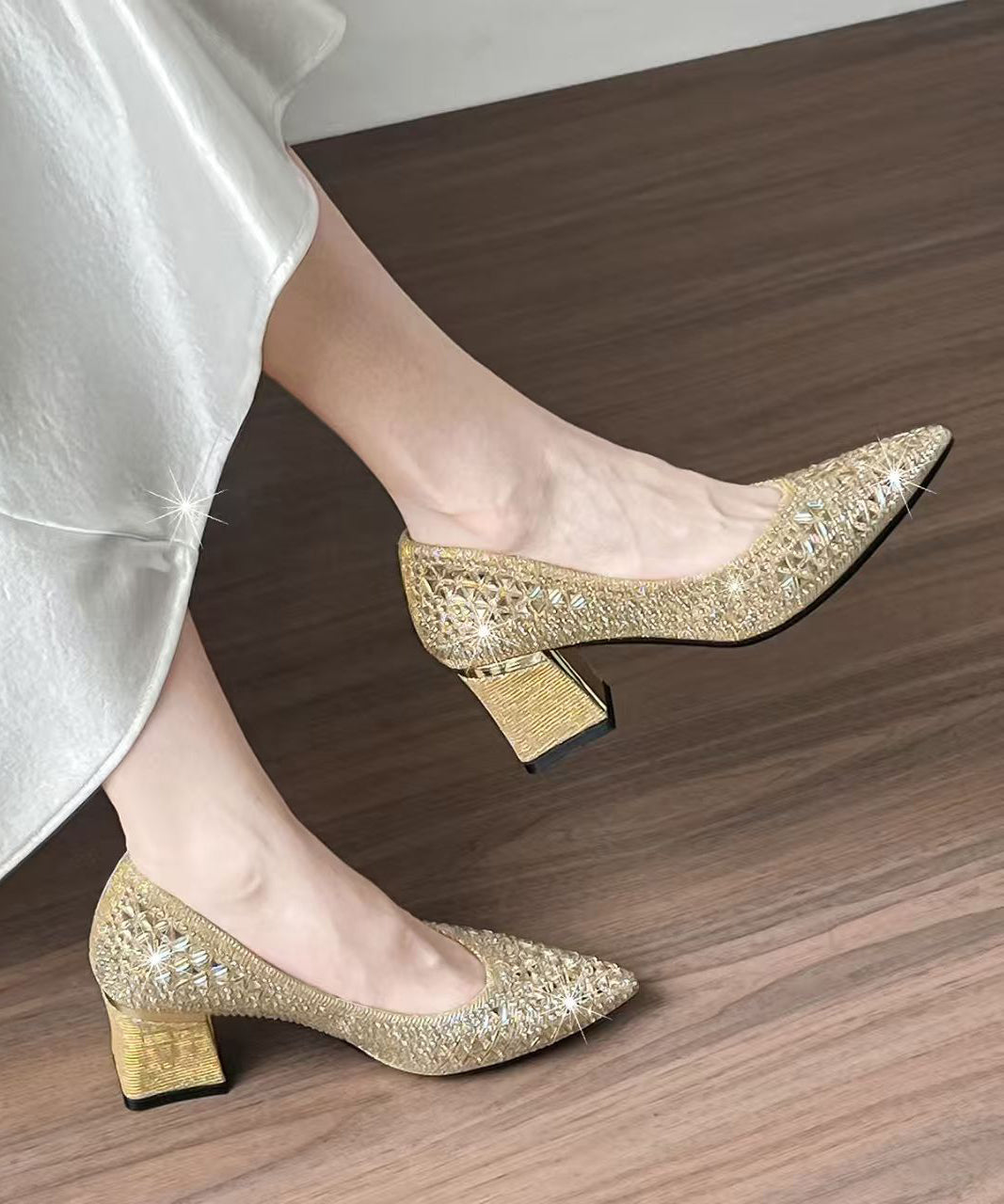 Champagne Sparkly High Heels Chunky Faux Leather Elegant Hollow Out High Heels